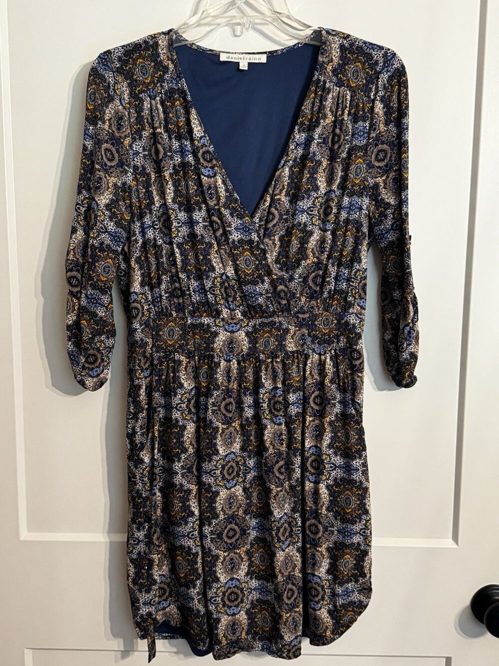 Daniel Rainn Dress M Blue Yellow Paisley Medallion 3/4 Sleeve Boho LagenLook